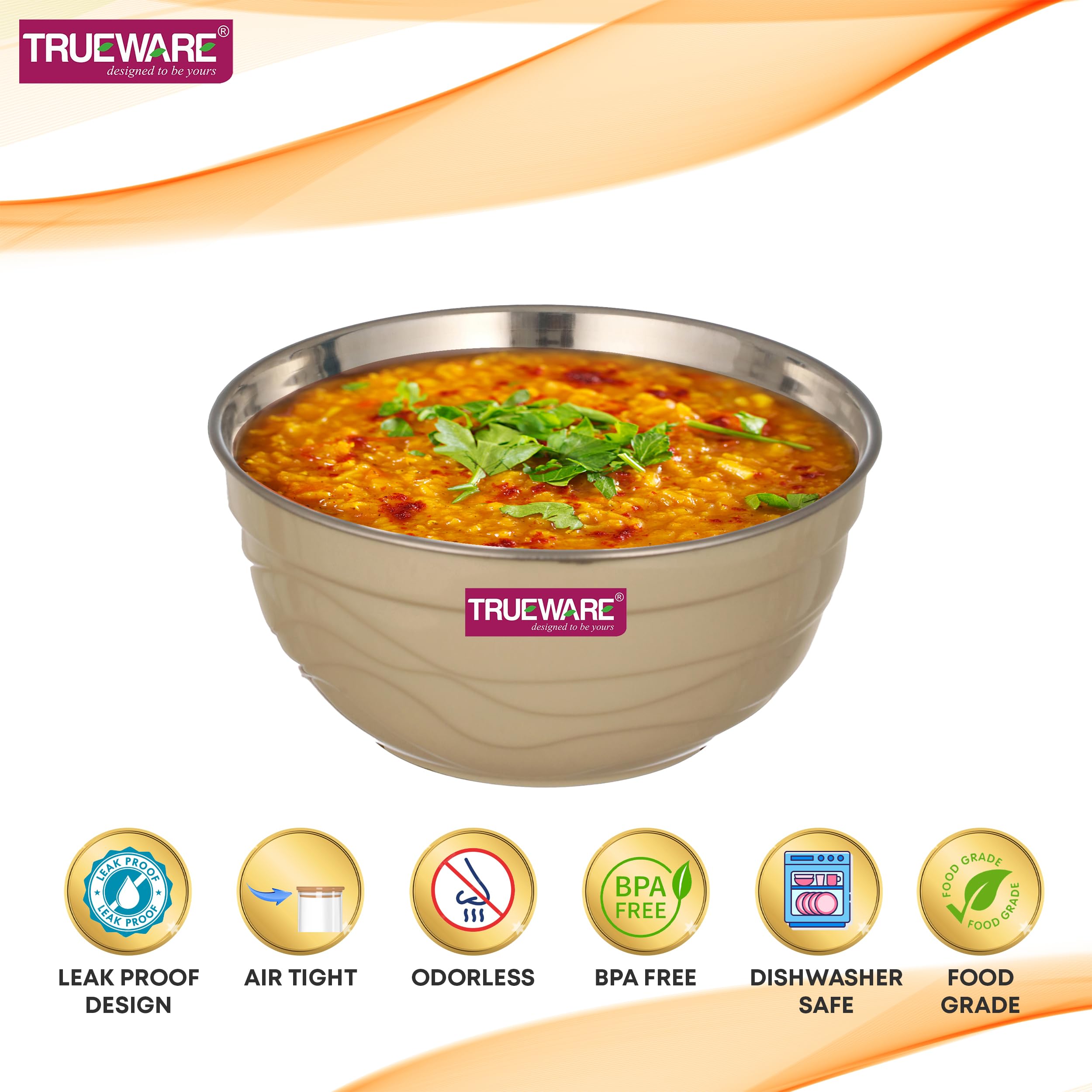 Trueware Microwave Safe Bowl |1 Year Warranty | Bowl Sets, Bowl, Serving Bowl with lid |1000,1400,2000 ml | Florra Stainless Steel Serving Bowls, Microwave Bowl | Mixing Bowl Set of 3 with Lid- Cream 2