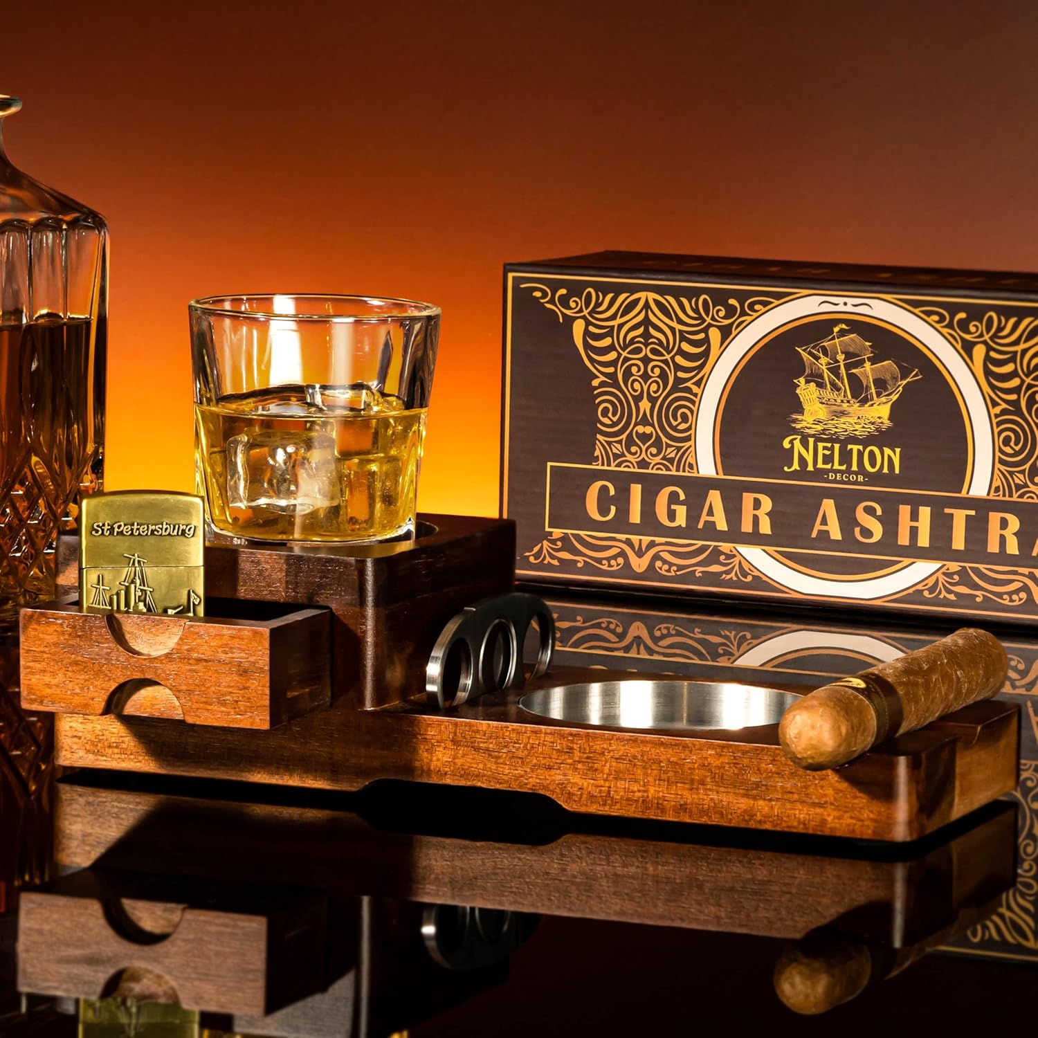 Nelton Premium Wooden Cigar Ashtray Set with Cigar Cutter