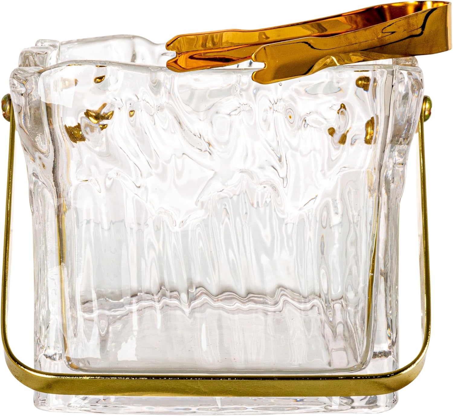 Creative Co-Op 24-Ounce Textured Glass Ice Bucket with Gold Finish Handle and Tongs, Clear/Gold