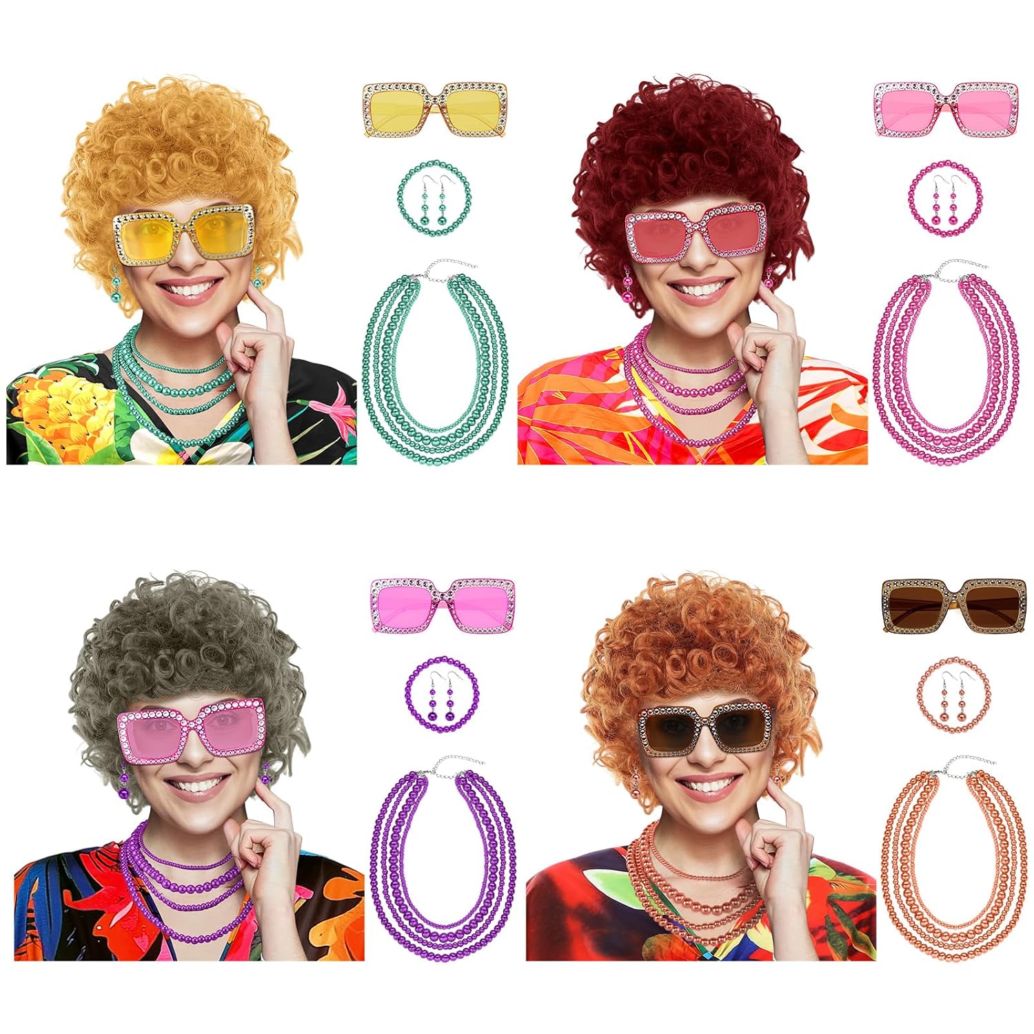 Maiteenly 4 Set Women Short Curly Orange Red Wigs for Halloween,Orange A | Costume with Necklace Earrings Bracelet and Sunglasses for 70s Romp Cosplay