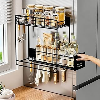 Trysea Magnetic Spice Rack for Refrigerator with Pull Out Layers,Black Magnetic Sliding Racks for Side of Fridge,Magnetic Shelf for Fridge with 5 Hooks,Magnet Storage Rack for the Refrigerator