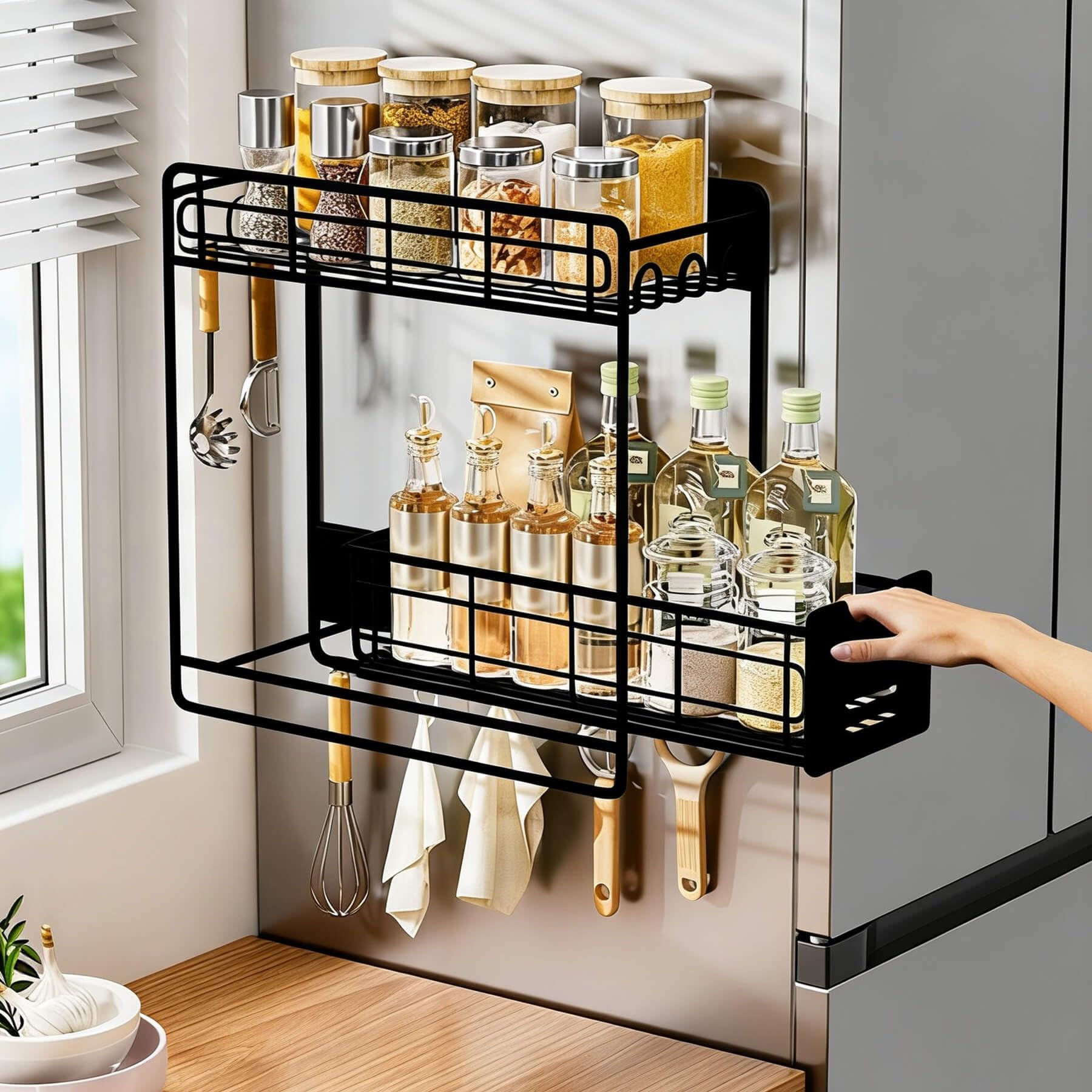 Étagère à épices magnétique pour réfrigérateur avec couches extractibles, organiseur à épices magnétique pour réfrigérateur, double étagère en métal avec 5 crochets