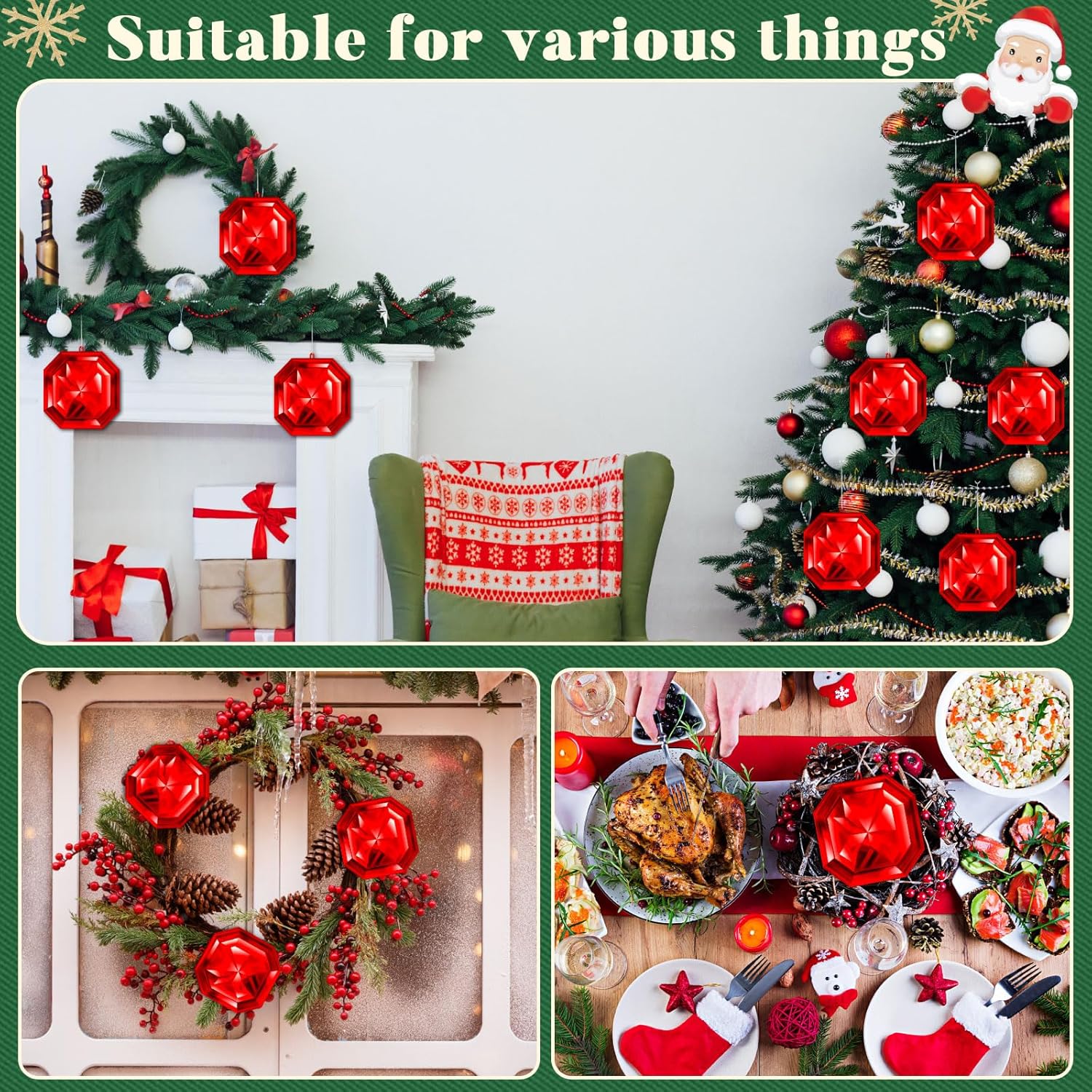 Syhood 5.1 Inch Jewel Ornament Square Jewel Ornaments for Christmas Tree Acrylic Large Christmas Gem Decorations for Xmas Wedding Holiday Party Decor (Red) - Image 6