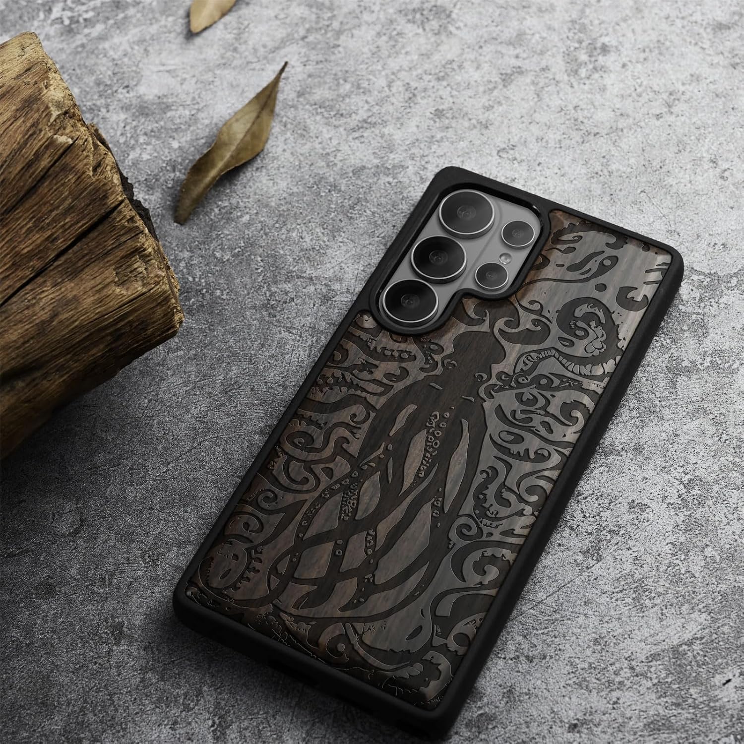 Carveit Magnetic Wooden Case for Samsung Galaxy S26 Ultra Case 2026, TPU Shockproof Cover & Wood Artisan Engraved, Compatible with MagSafe Wireless Chargers (The Octopus's Nocturne) Blackwood