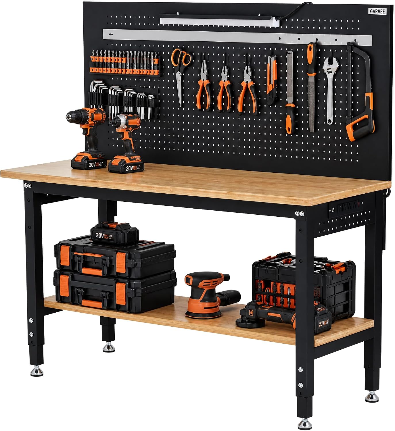 Garvee 60" Adjustable Work Bench with Storage Shelf & Pegboard, Power Strip