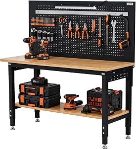 Garvee 60" Adjustable Work Bench with Storage Shelf & Pegboard, Power Strip