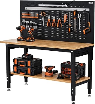Garvee 60" Adjustable Work Bench with Storage Shelf & Pegboard, Power Strip