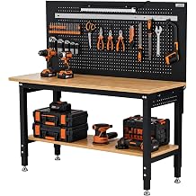 Garvee 60" Adjustable Work Bench with Storage Shelf & Pegboard, Power Strip