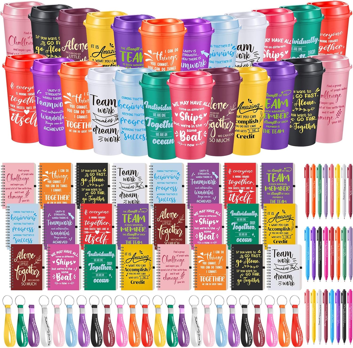 Skylety 24 Set / 96 Pcs Team Appreciation Gift Set Inspirational Employee Christmas Gift Bulk 16 oz Coffee Cups with Team Notebook Pen Keychains for Staff Teacher (Classic Color)