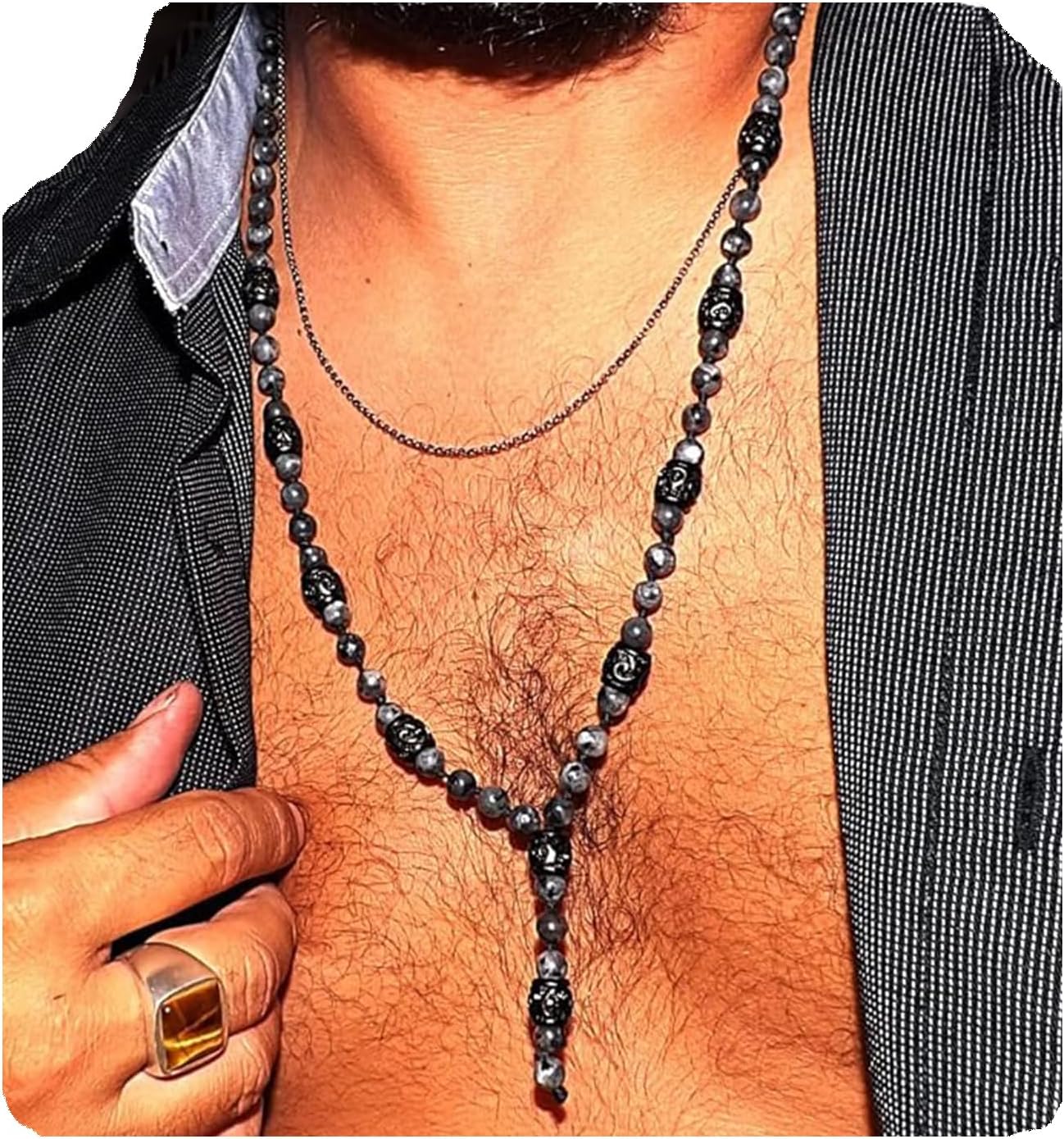 Liliya Jewelry Men’s Labradorite Beaded Necklace – Handmade Y-Style with Genuine Gemstones – 26 Inch Spiritual Healing Crystal Pendant – Unique Boho Gift for Him