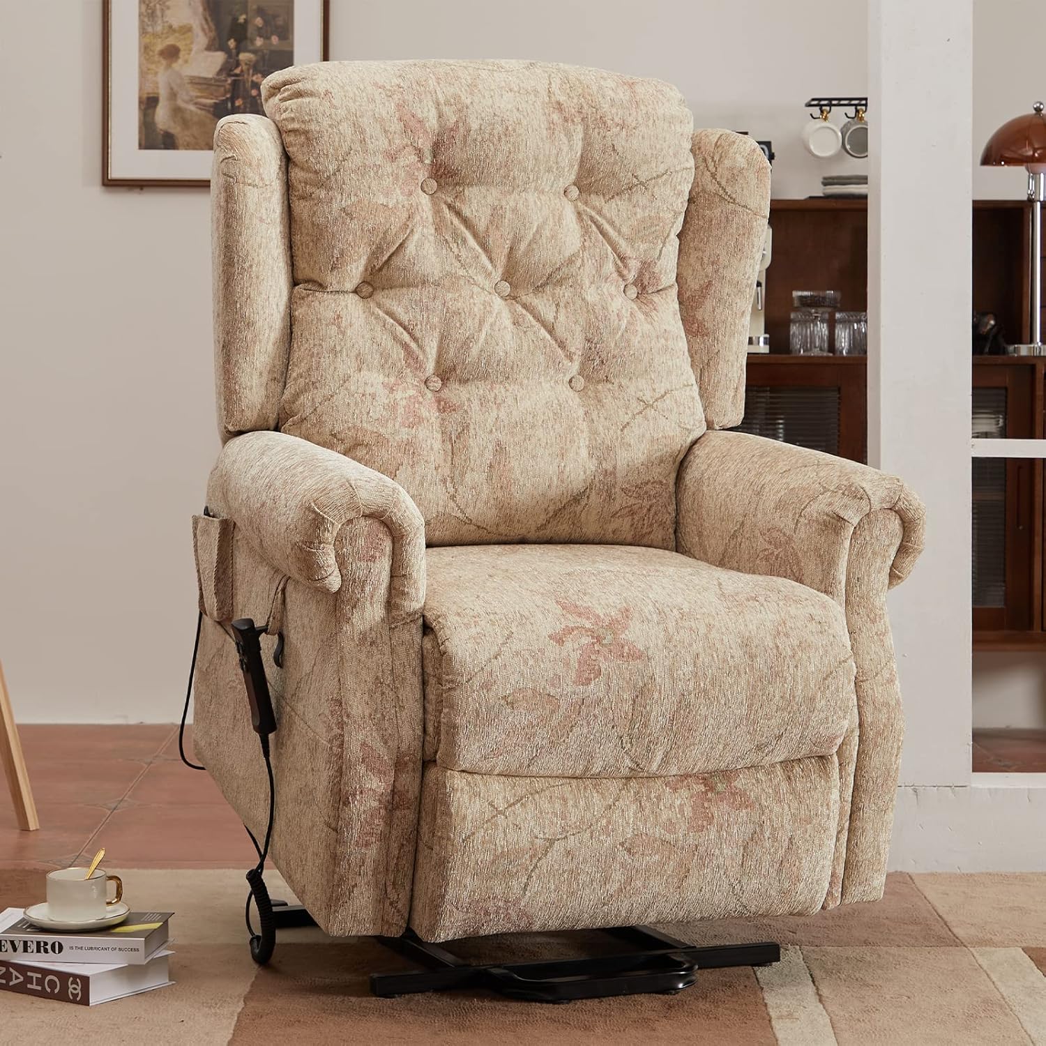 Irene House 9199 Elegant Lay Flat Lift Chair for Elderly Recliner with Dual Motors Power Lift Recliner with Heat and Massage, 2 Side Pockets, Retro Design (Jacquard Flower Light Yellow)
