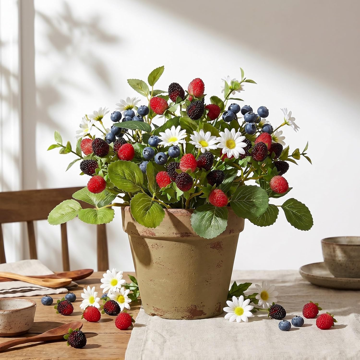 Hoteam 5 Pcs Artificial Raspberries Stems 11'' Fake Redberry Branches Faux Fruit Black Berry Picks for Home Kitchen Decor Floral Arrangements and Holiday Table Centerpieces (Red with Black)