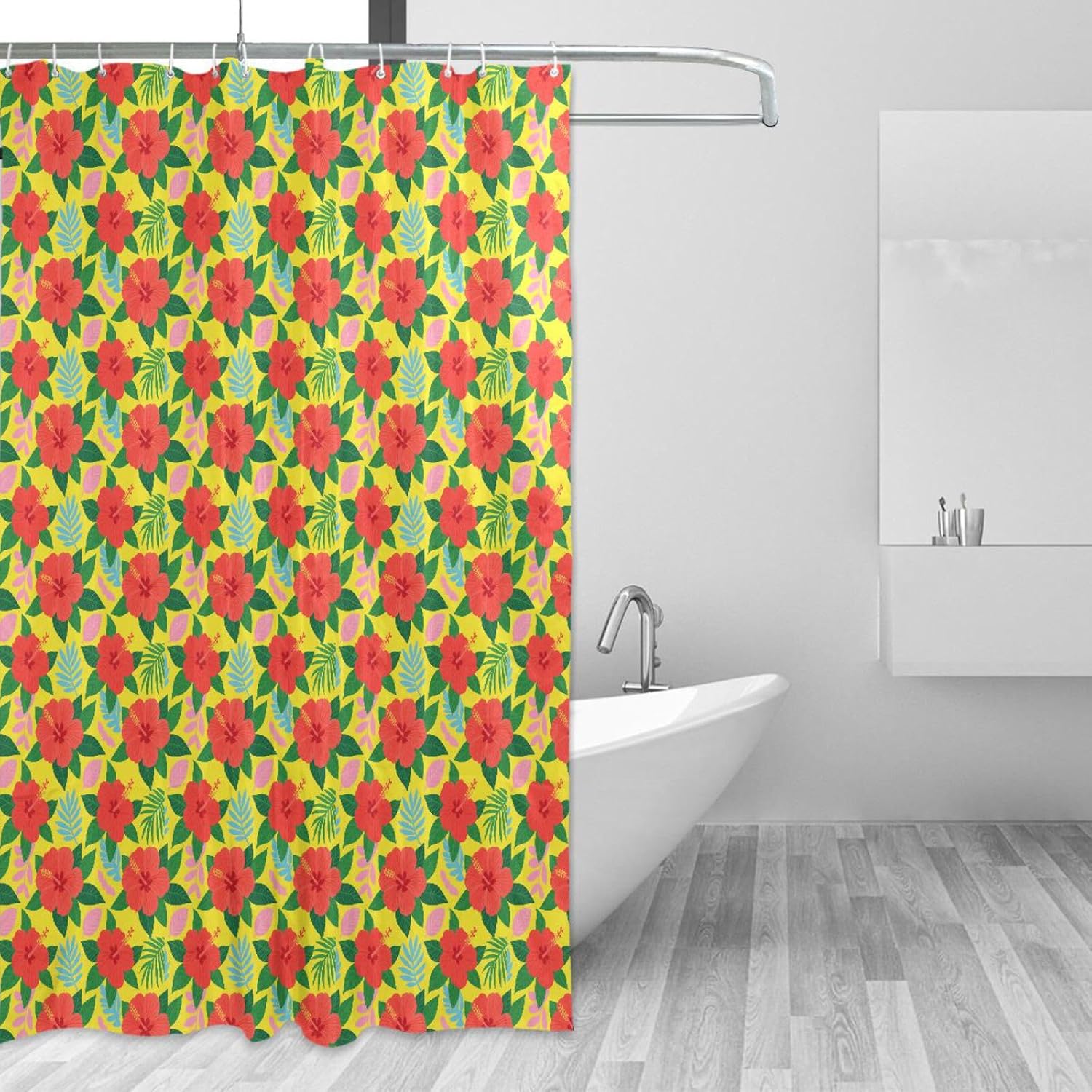 66x72 Inch Waterproof Material Tub Curtains for Bathroom with Hook Red Tropical Flowers Polyester Washable Fabric Chic Shower Curtain Liner for Farmhouse Bath