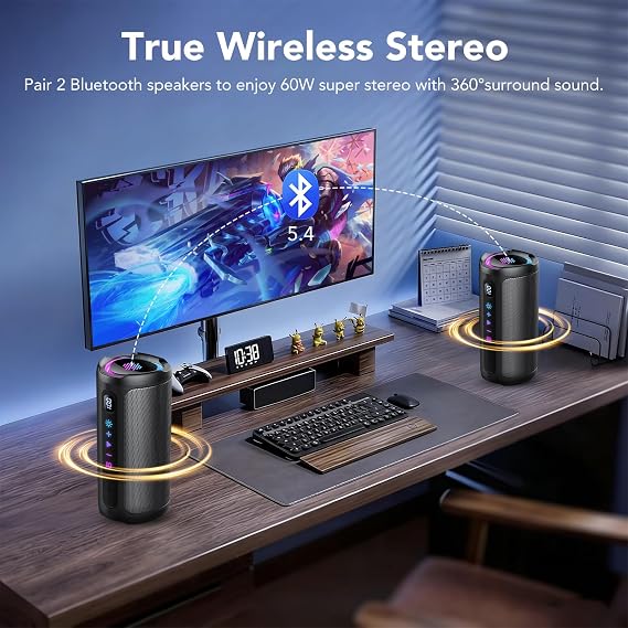 Portable Bluetooth Speaker with Battery Level Display, Powerful Sound Wireless Speaker: Deep Bass, BT 5.4, 20H Playtime, 7 RGB Modes, IPX7 Waterproof, TWS Pairing, Beach/Vacation Essentials(Black)