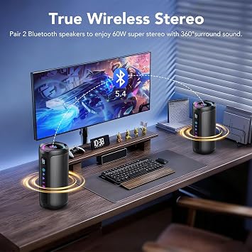 Portable Bluetooth Speaker with Battery Level Display, Powerful Sound Wireless Speaker: Deep Bass, BT 5.4, 20H Playtime, 7 RGB Modes, IPX7 Waterproof, TWS Pairing, Beach/Vacation Essentials(Black)
