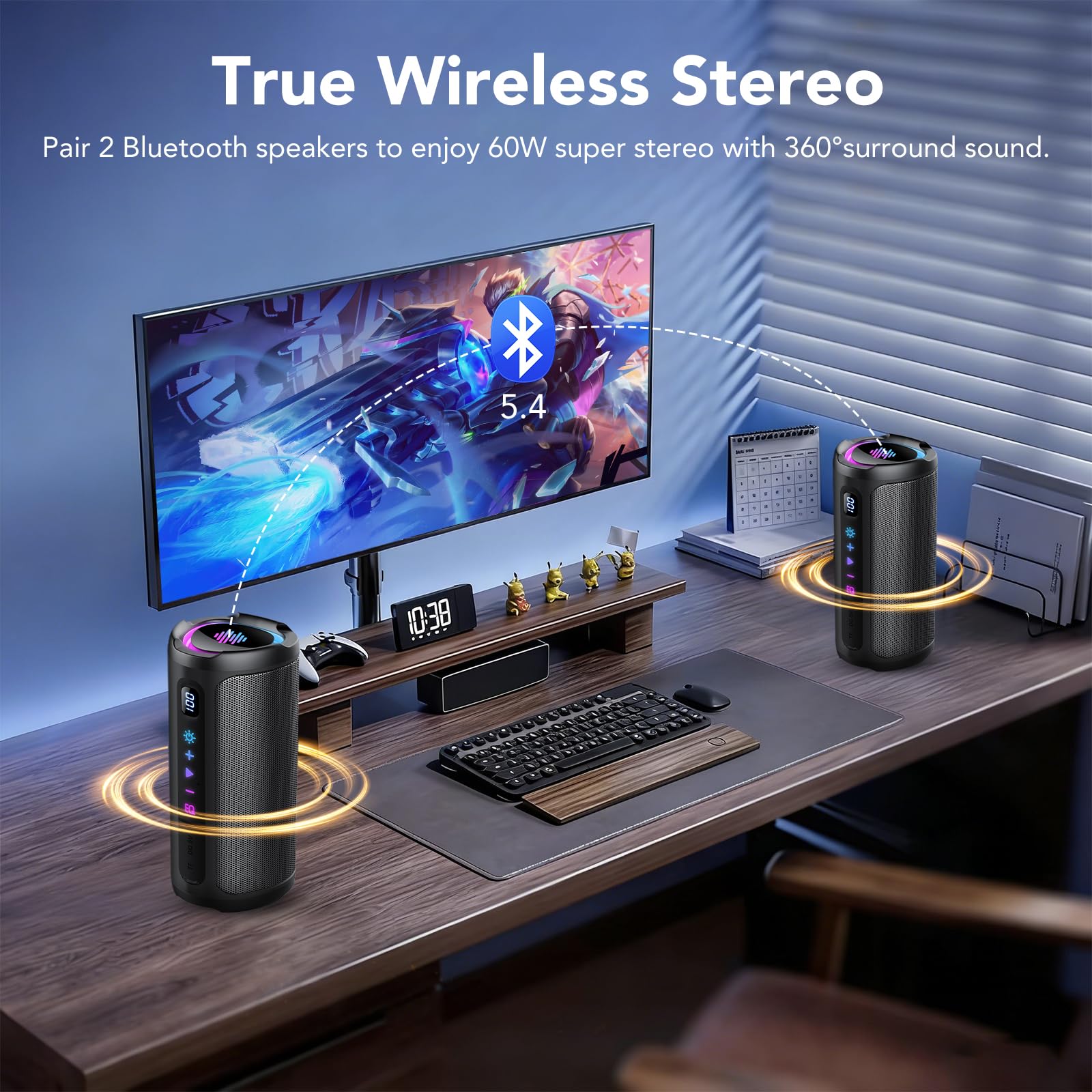 Altavoz Bluetooth 5.4 Potente 20W, Altavoces Graves Duales, Altavoces Bluetooth con 2 Modos EQ, Pantalla Digital Inteligente, 20H Reproducción, 7 Modos RGB, TWS, TF, IPX7, Speaker para Fiestas/Viajes