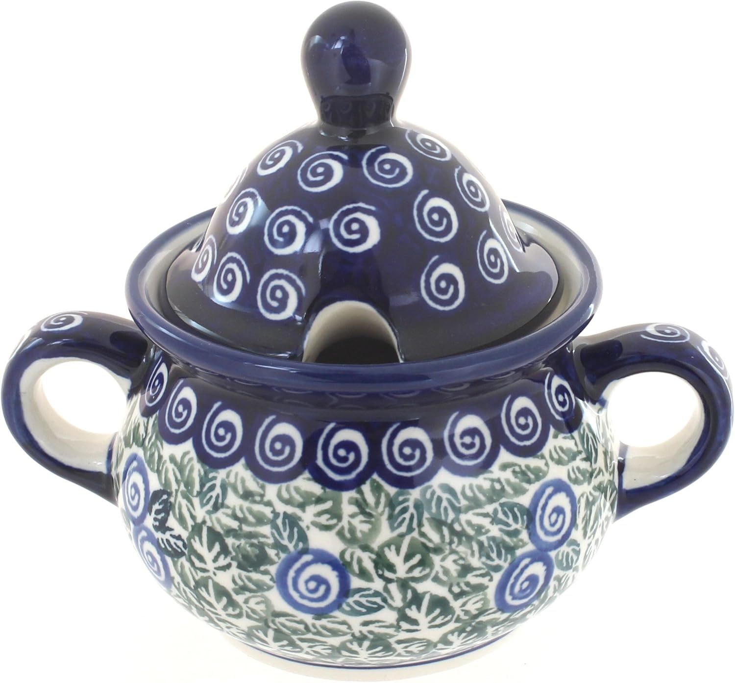 Blue Rose Polish Pottery - Green Seaside Swirl Sugar Bowl - 1.5 Cup Capacity - Hand-Painted Polish Pottery Ceramic Sugar Bowl with Lid
