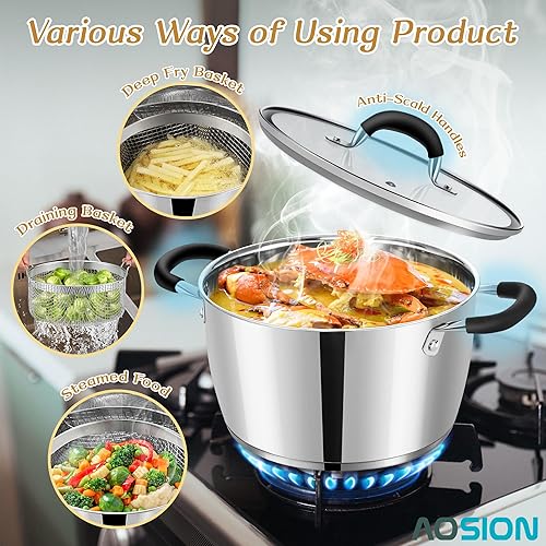 Miniatura 3 de AOSION Olla de acero inoxidable de 6 cuartos de galón con cesta para freidora, olla de acero inoxidable con tapa, olla grande de 6 cuartos de galón,