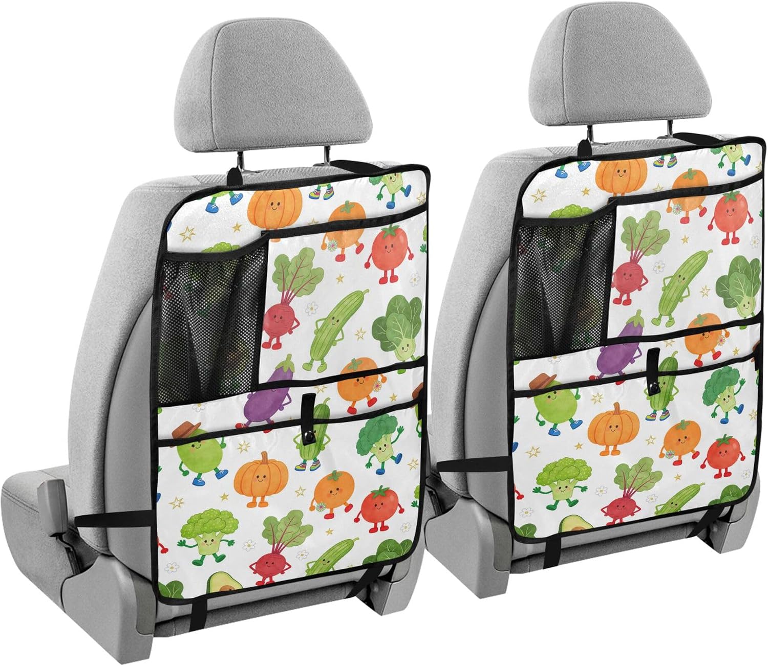 OTVEE Healthy Veggie Friends Car Backseat Organizer with Tablet Holder, Cute Polyester Car Kick Mats Back Seat Protector with Mesh Pockets for Kids Toddlers Road Trip Essentials, Hanging Auto