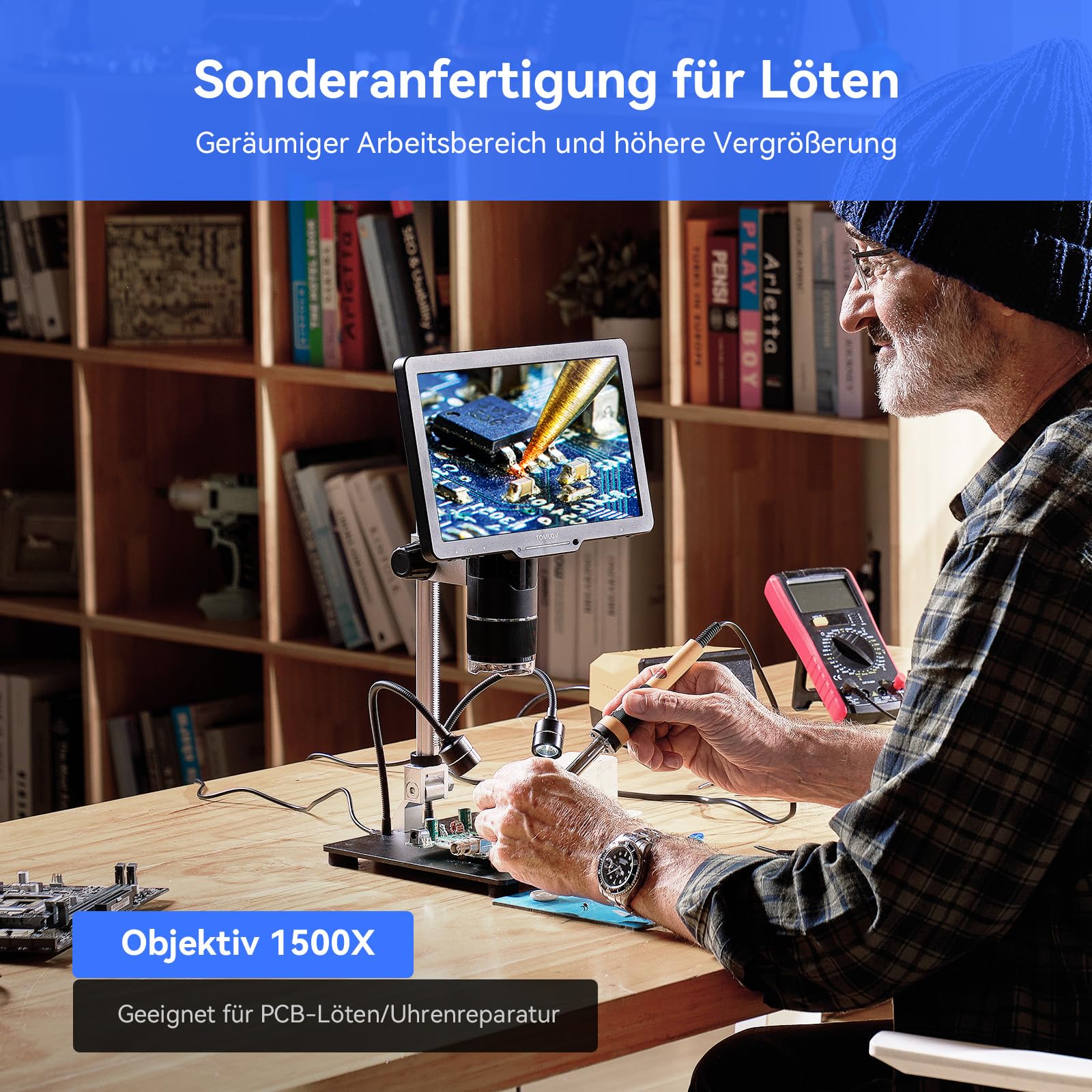 TOMLOV TriL110 10,1" IPS Mikroskop mit 3 Objektiven, Lötmikroskop mit LED | Drehbarer 3-Objektivwechsel, 2K Videos & 24MP Fotos Aufnehmen, 2500X, Ganze Münzen, 14 LEDs, PC/TV-Kompatibel