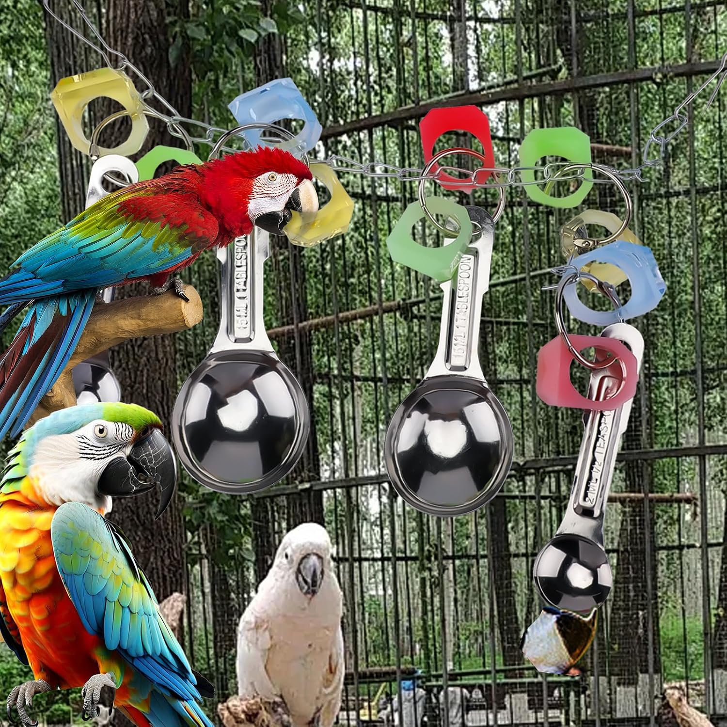 Bird Toys, Shiny Stainless Steel Spoon and Colorful Acrylic Rings Cage Toys, Bird Chew Toys for Medium Large Macaws Parakeets Cockatoos Budgie Lovebirds Finches African Grey Parrot image 4