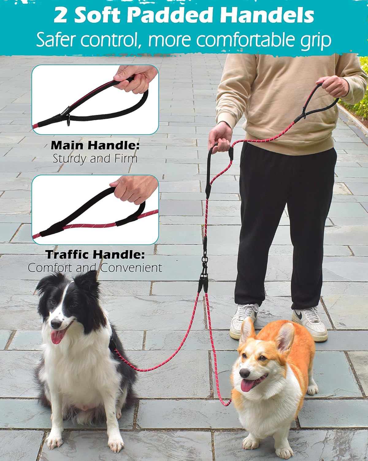 PetBonus Rope Double Dog Leash, No Tangle Dual Leash and Waterproof Dog Collar Safety Clip