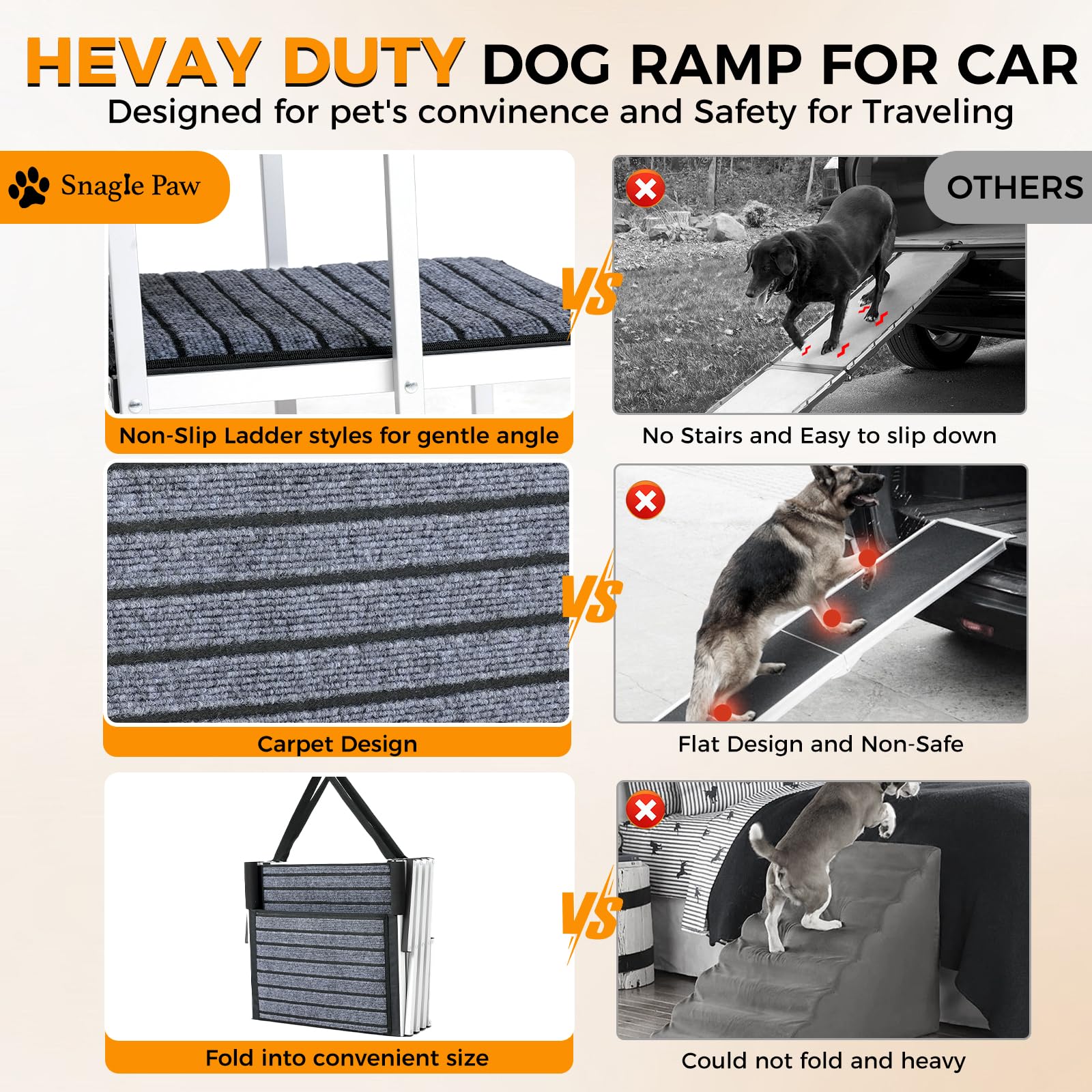 Snagle Paw Rampa per cani extra larga per auto, in alluminio, con tappeto antiscivolo, 4 gradini leggeri per auto, SUV, camion, letti alti