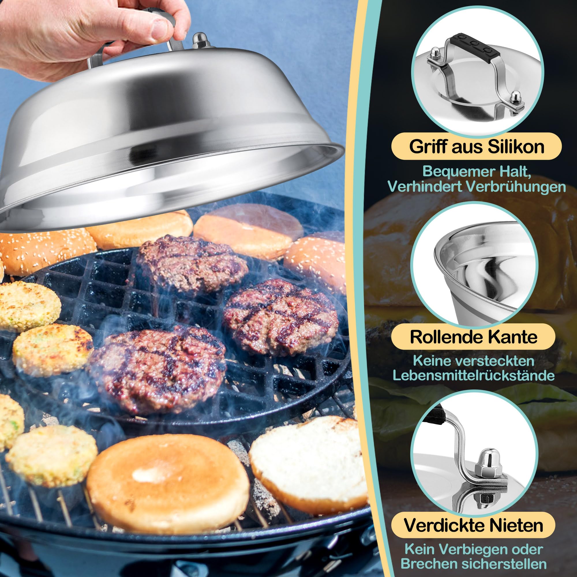 HaWare Dzwonek do burgerów, 2 sztuki, stal nierdzewna, z gumowym uchwytem, do grilla, steków, serów, teppanyaki, na zewnątrz i wewnątrz, nadaje się do mycia w zmywarce – 16,8 x 6 cm