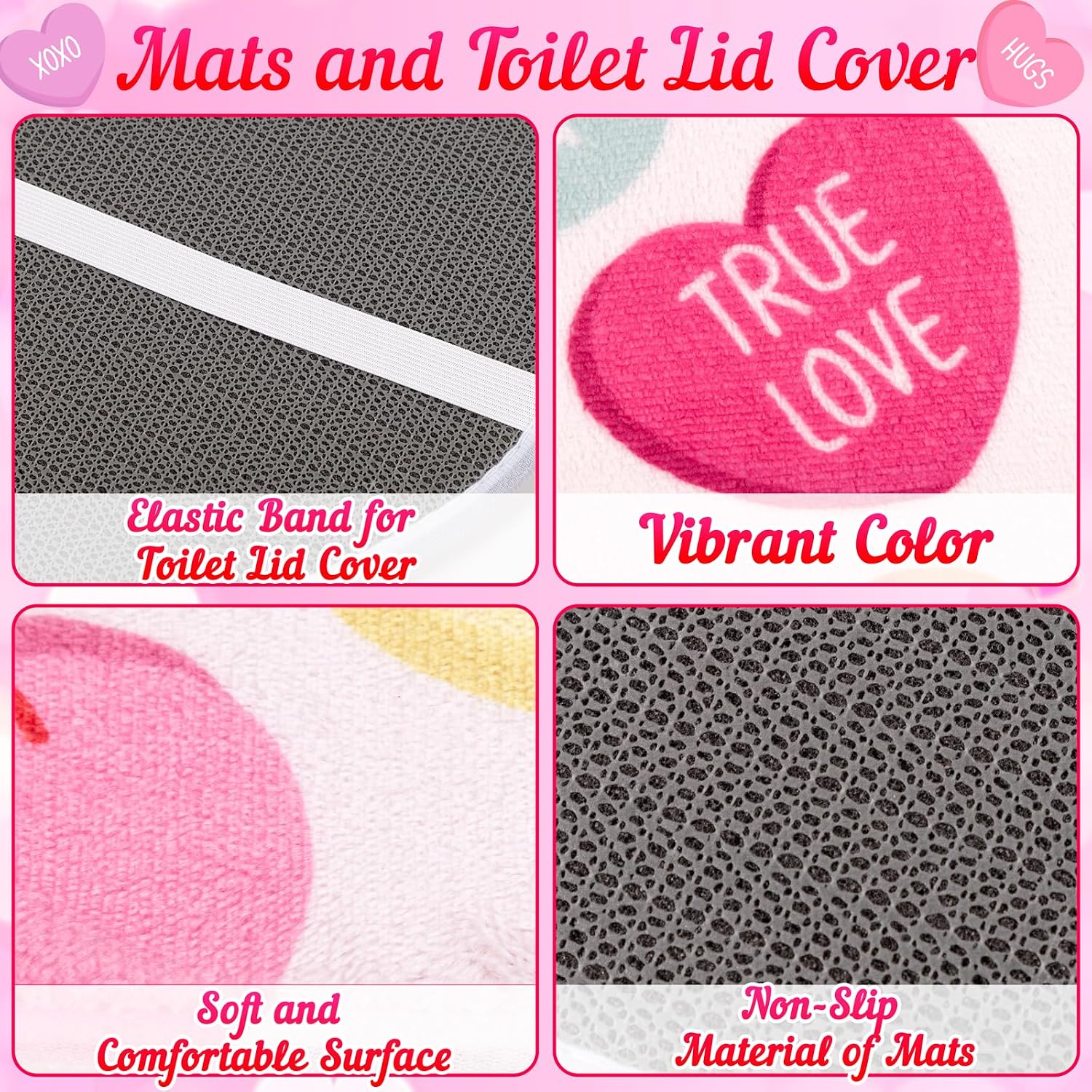 Tieshankao 4Pcs Valentines Shower Curtain Bathroom Set - Love Non Slip Rugs Toilet Lid Cover Bath Mat with 12 Hooks - Style 2