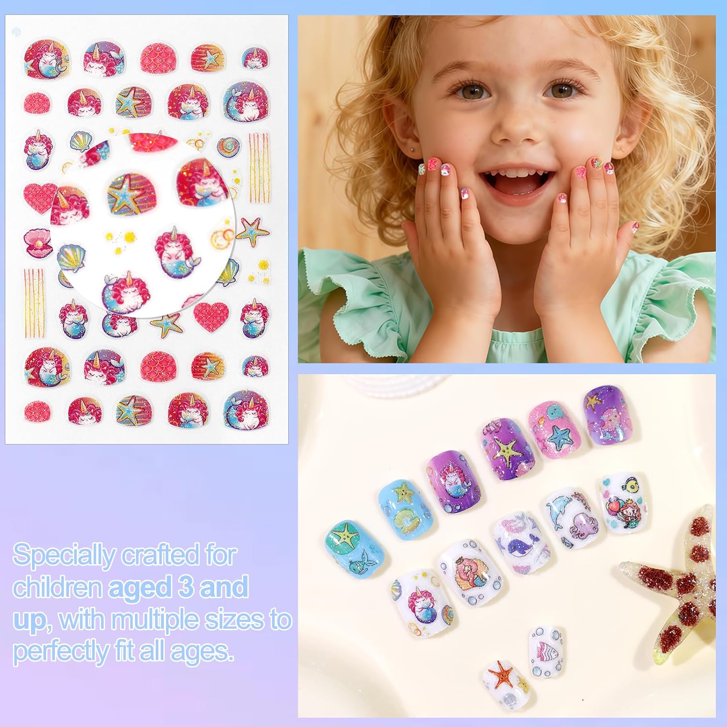 Laza 10 Sheets Nail Stickers for Kids Long Lasting Nail Art Stickers Self Adhesive Nail Decals Ocean Shell Mermaid Nail Art Decoration Lovely Christmas Gift for Children Kids Girls - Ocean World