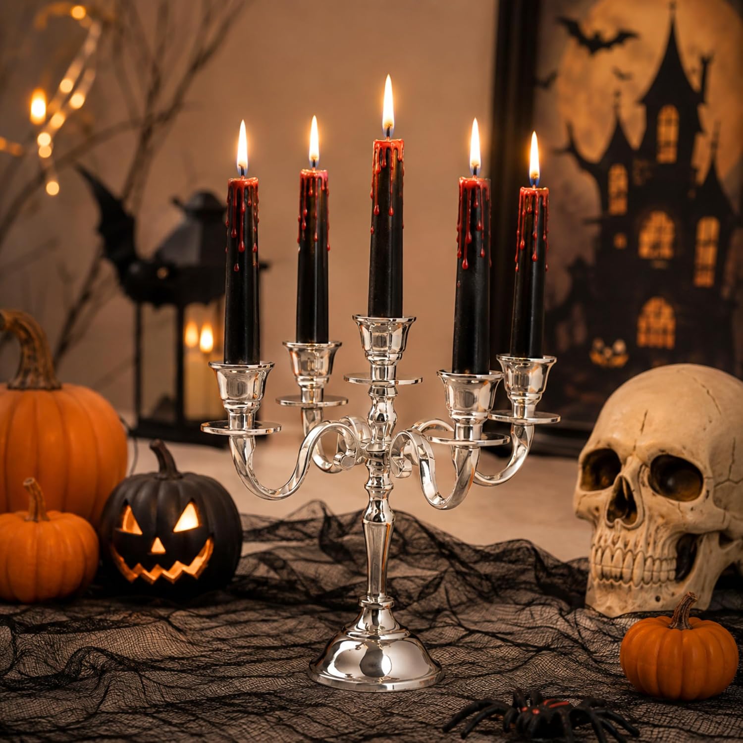 Rely+ 5 Arm Baby Candelabra Silver Glossy 8 Inch Taper Candle Holders Gothic Decorations Candlesticks Holder Home Decor Wedding Parties Centerpiece for Dining Table