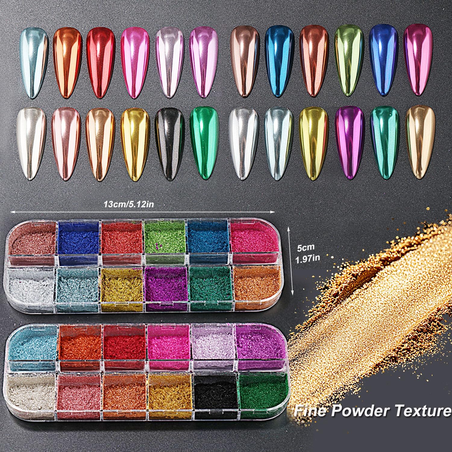 2 Box Inclue 24 Colors Metallic Mirror Chrome Nail Powder Set High Gloss Holographic Fine Glitter Pigment for Gel Polish Nail Art Decoration,Home DIY Salon Use