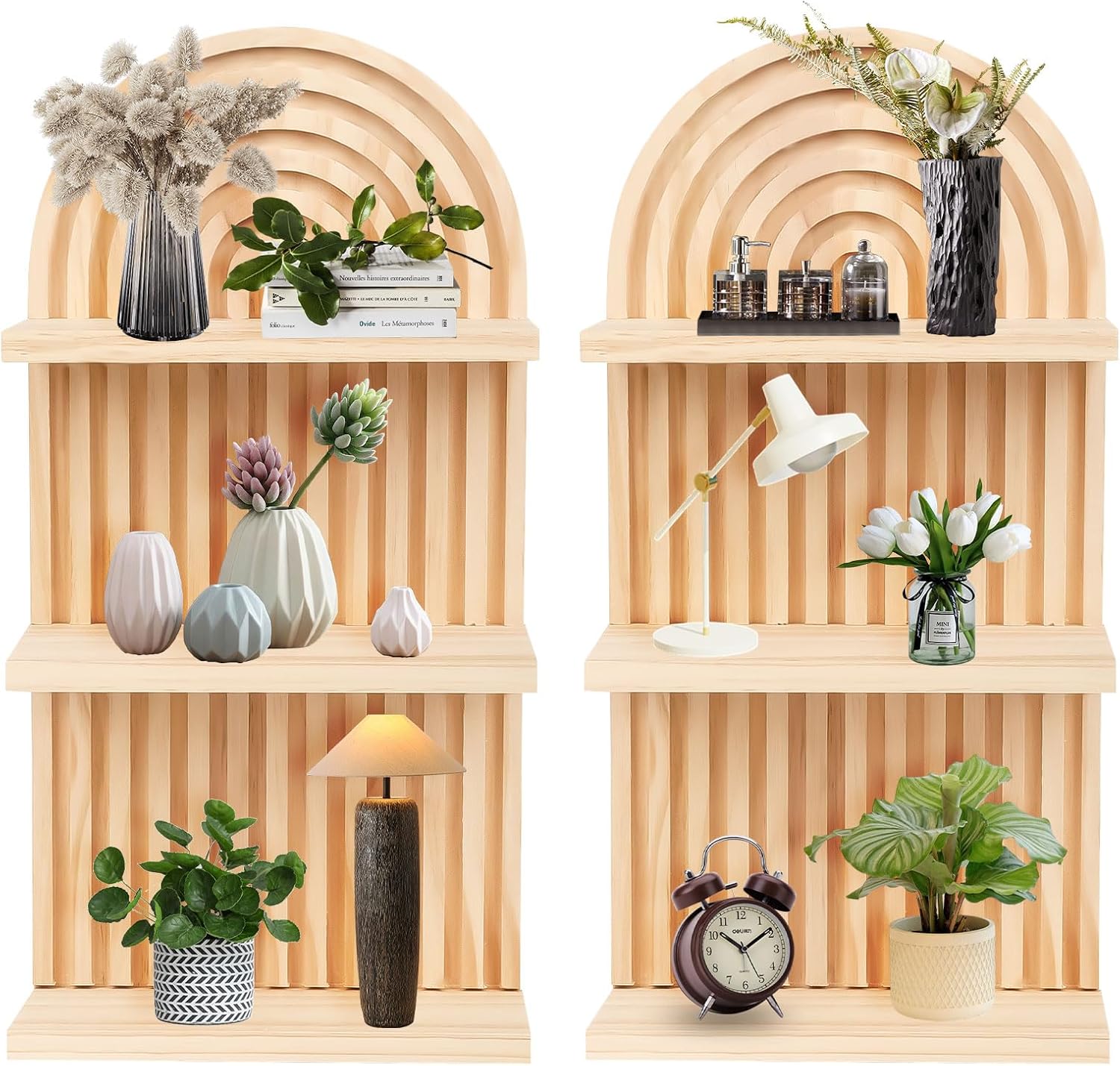 Qivine Boho Wall Shelf 2 Pcs 3 Tier Shelves for Room Wall Wood Floating Shelf with Arched Wood Design Walls Mounted for Living Room, Bedroom, Bathroom Decor (Primary, 3-Tier)