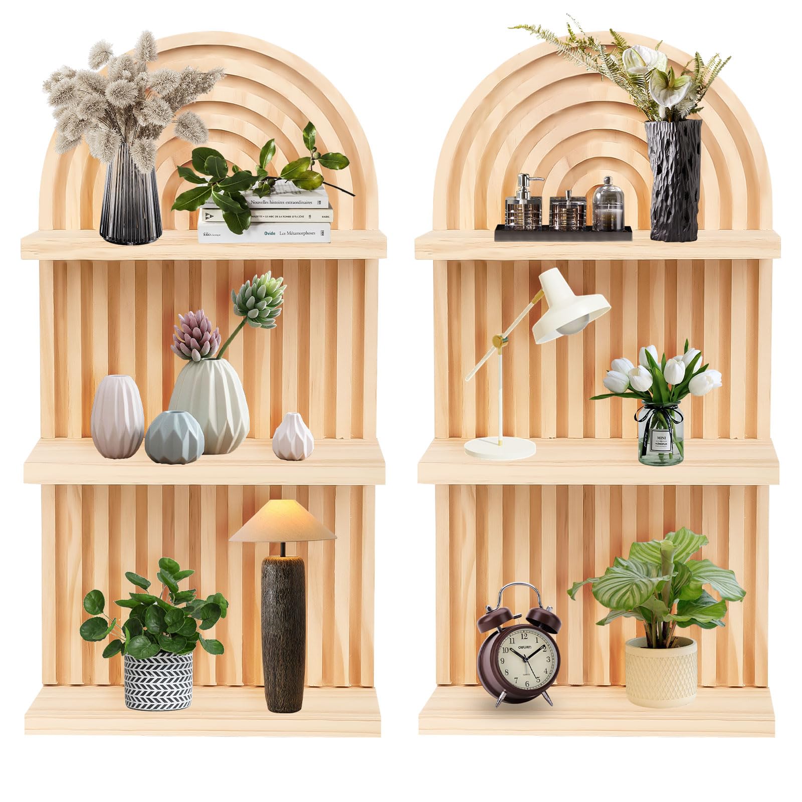 Qivine Boho Wall Shelf 2 Pcs 3 Tier Shelves for Room Wall Wood Floating Shelf with Arched Wood Design Walls Mounted for Living Room, Bedroom, Bathroom Decor (Primary, 3-Tier)