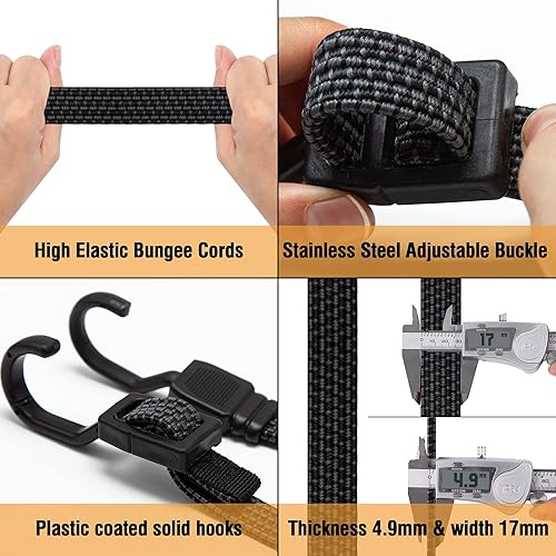 Miniatura 6 de Cuerdas elásticas con ganchos resistentes, cuerdas elásticas planas ajustables con ganchos de 40 pulgadas, correas elásticas negras de goma con