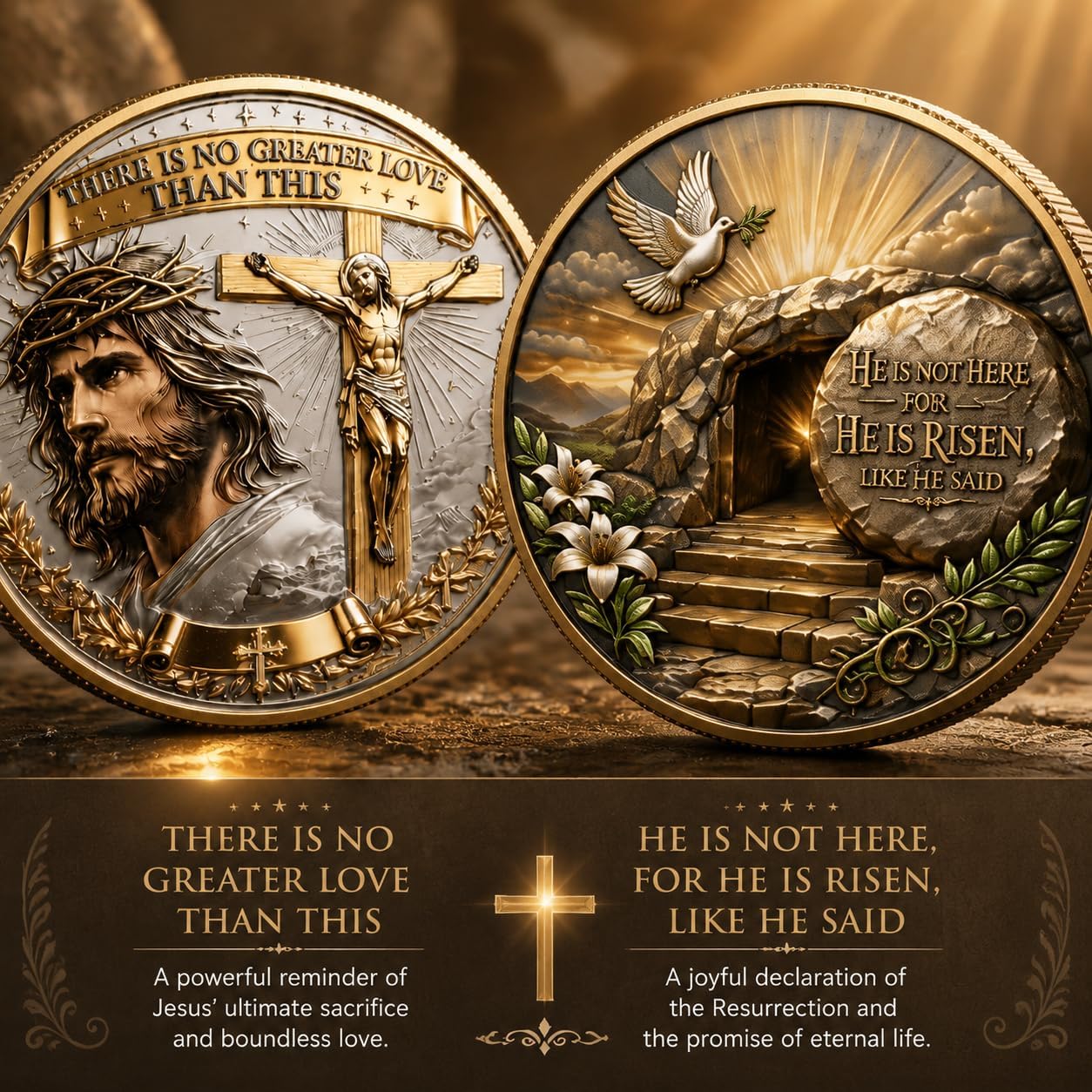 No Greater Love Resurrection Commemorative Coin, Christian Challenge Coin – Empty Tomb Bible Verse Token – Keepsake Gift for the Great Believers, Easter & Church Events (3PCS)