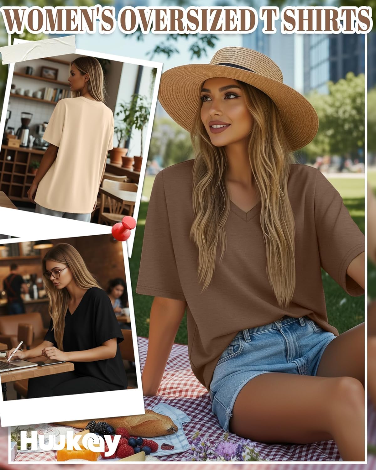 Huukeay 3 Pack Women's Oversized Cotton T-Shirts V Neck Loose Fit Casual Workout Tees Soft Short Sleeve Tops - Image 2