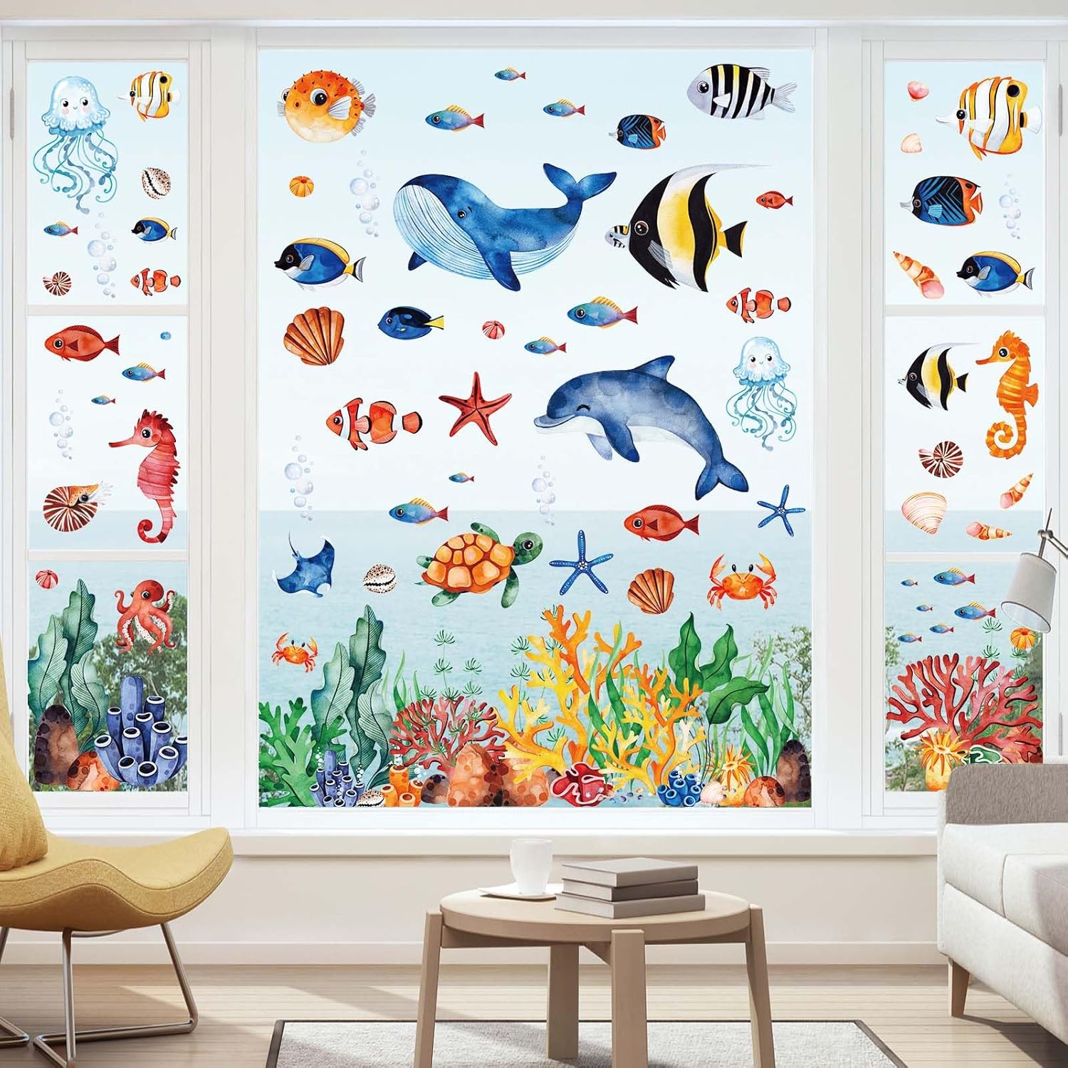 9 Sheets Ocean Theme Window Clings Watercolor Sea Animal Glass Stickers Under The Sea Marine Creature Fish Whales Turtles Reusable Static Window Decals for Home School Office Party Decor