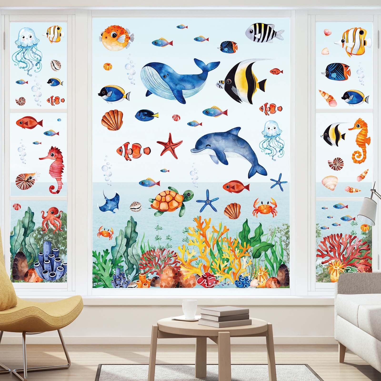 9 Sheets Ocean Theme Window Clings Watercolor Summer Sea Animal Glass Stickers Under The Sea Marine Creature Fish Whales Turtles Reusable Static Window Decals for Home School Office Party Decor