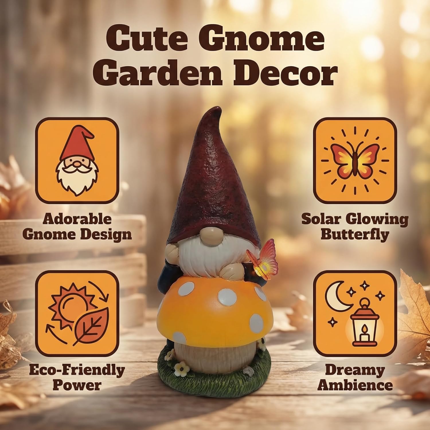 Solar Garden Gnome with mushroom for Garden Decor: IP44 Weatherproof Resin with Automatic Lighting - No Installation- Outdoor Yard Patio Balcony Art - Birthday Gifts for Bird Lovers Mom Grandma Women
