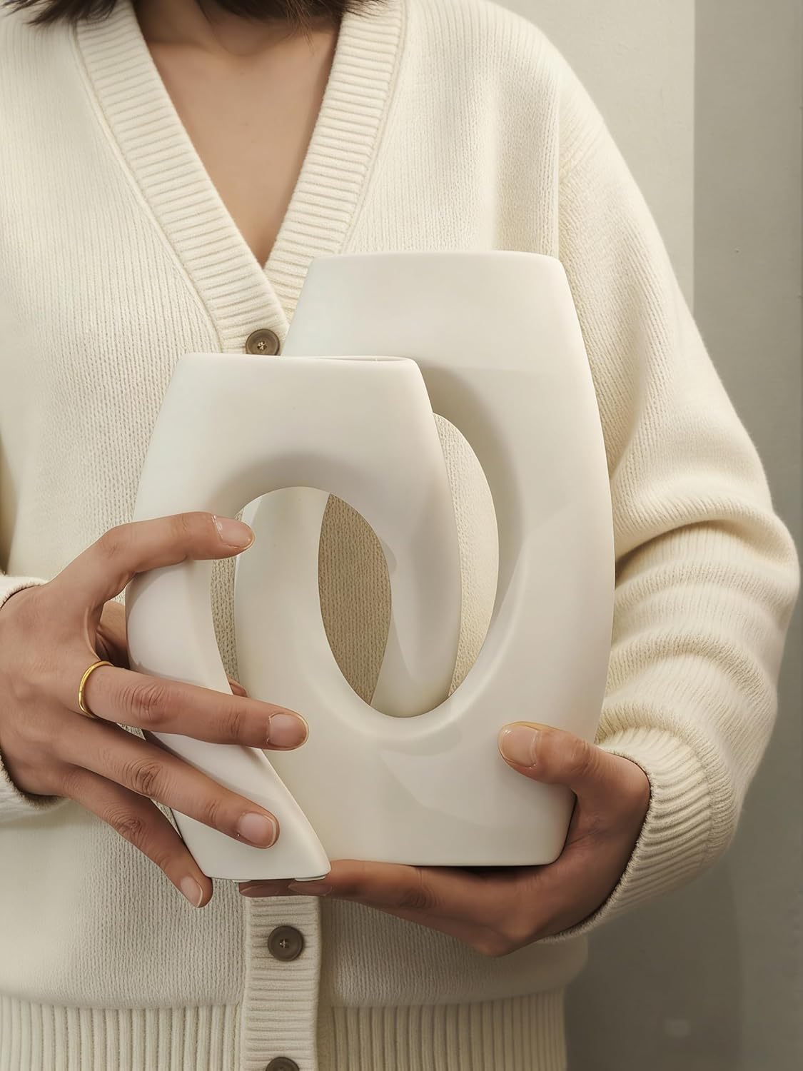 Ceramic Vase Set of 2 by DecoVlog, White Hollow Living Room Decor Vase, Minimalist Decorative Modern Boho Vase for Table Centerpiece Wedding Dining Living Room Office House Decoration - Image 5