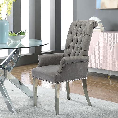 Miniatura 77 de LOULENS Lujosas sillas de comedor de terciopelo, modernas sillas de comedor tapizadas copetudas, reposabrazos con patas de acero inoxidable para