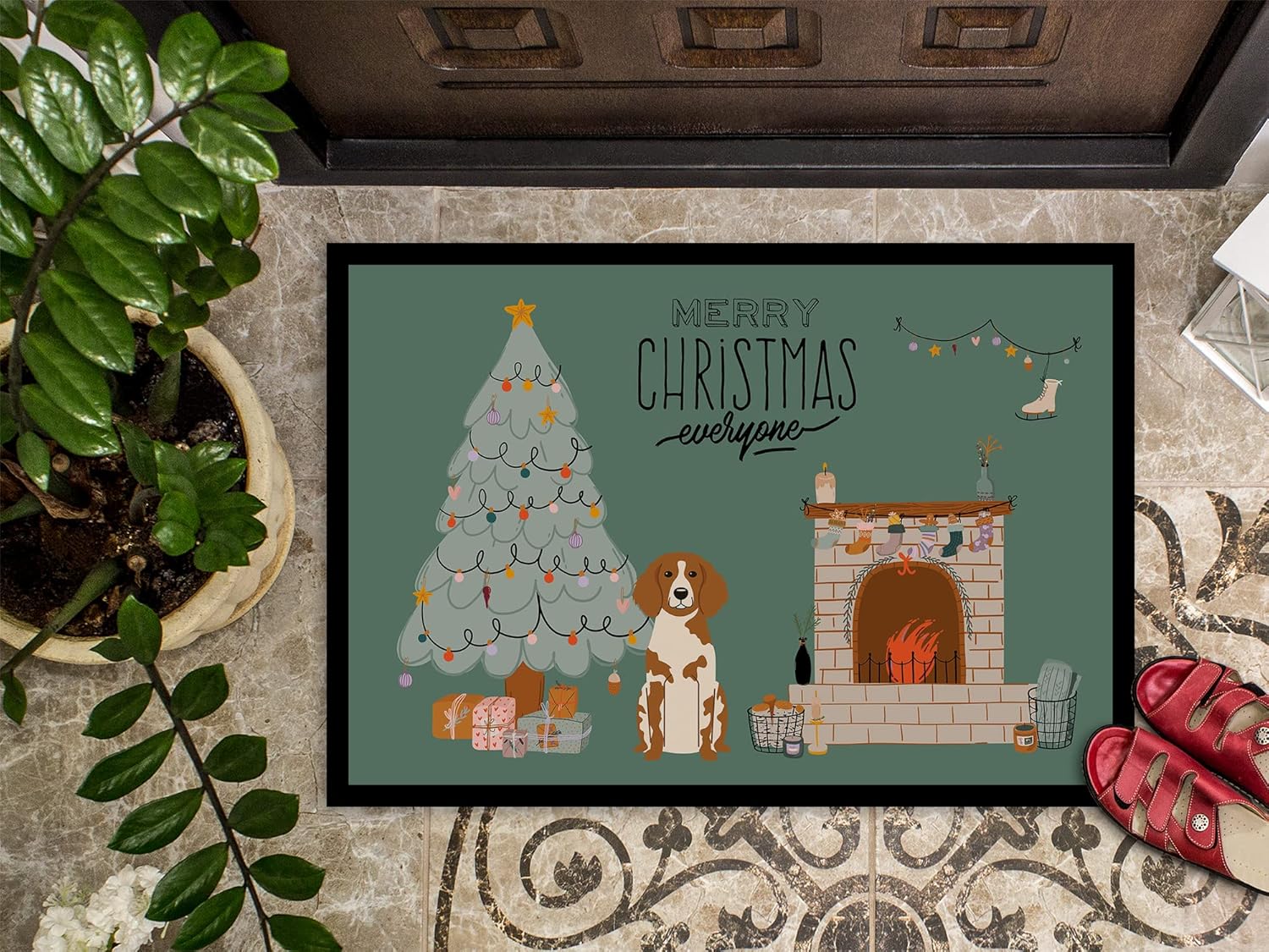 Caroline's Treasures CK7635MAT Brittany Spaniel Christmas Everyone Doormat 18x27 Front Door Mat Indoor Outdoor Rugs for Entryway, Non Slip Washable Low Pile, 18H X 27W