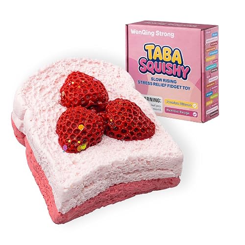 Strawberry Cake Taba Squishy Toy, Kawaii Pink Fidget Slow Rising Squeeze Stress Relief Premium Silicone Handmade with Decorative Strawberries Gift (Wenqing Strong) - Light Pink