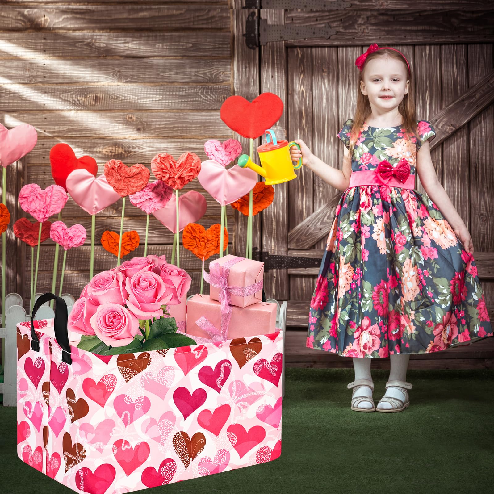 DUYIY Pink Heart Storage Basket - Foldable Laundry Hamper & Organizer for Kids, Living Room, Bedroom, Kitchen, Bathroom, Closet, Playroom, Car, Office, Dorm Room, RV, Camping Trips