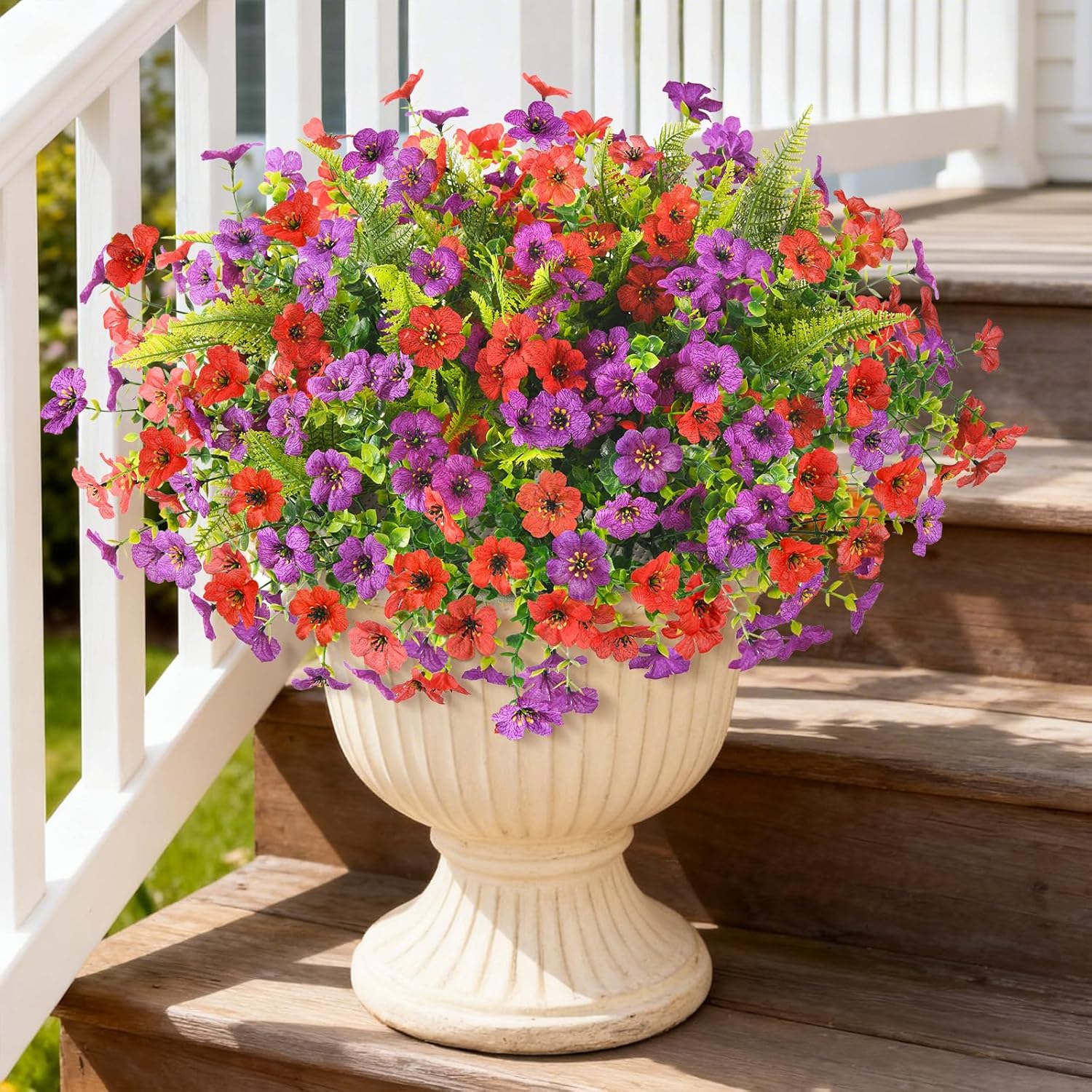 Homsunny Artificial Flowers for Outdoors, 12 PCS Faux Silk Flower with Artificial Fern Spring Decoration, Fake Outdoor Flowers UV Resistant No Fade Artificial Plants Front Porch Garden Patio Decor