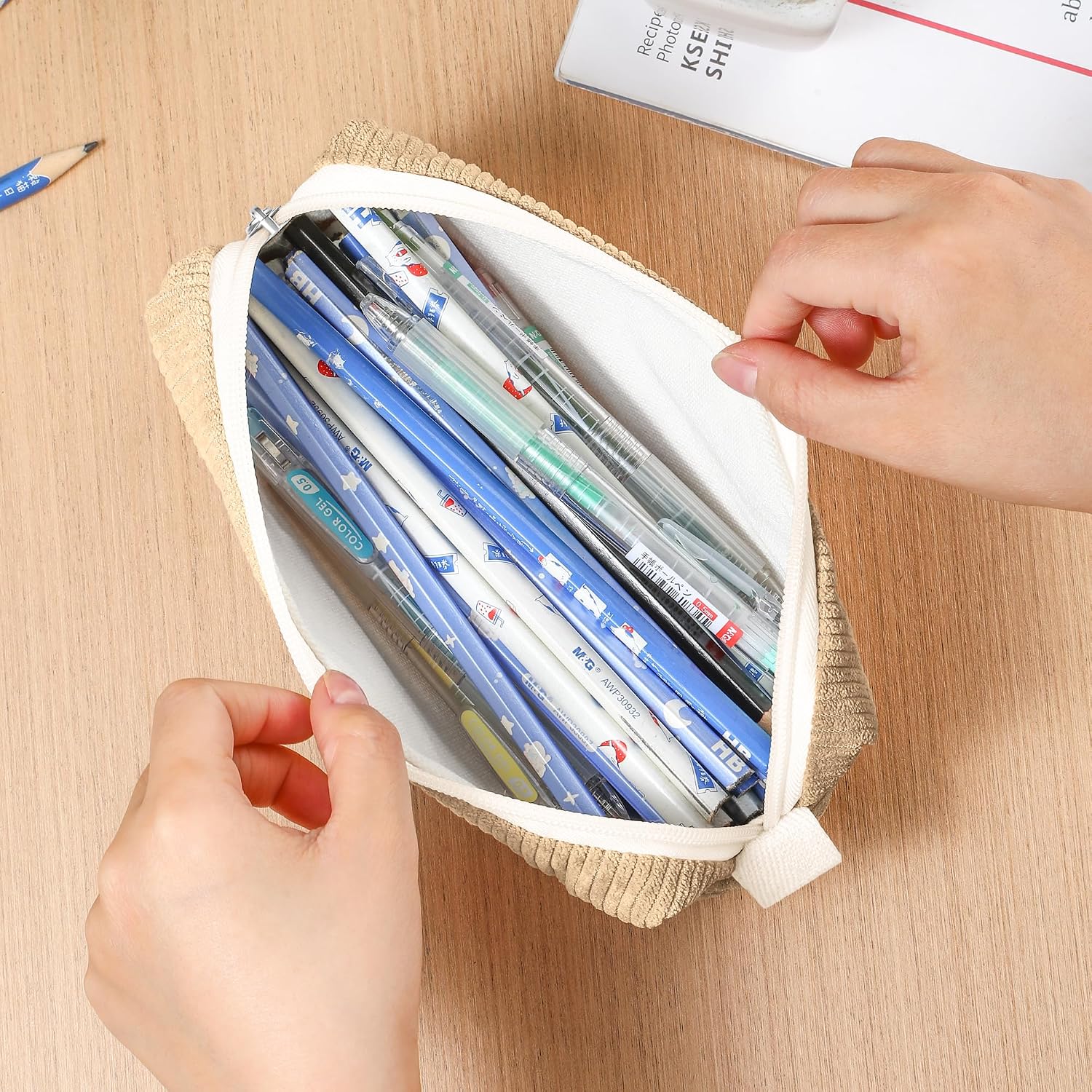 Soft Corduroy Pencil Case Pouch - Small Stationery Pen Bag Apricot | Cute aesthetic design, smooth zipper, compact makeup pouch, ideal for school, daily use, travel, for girls, boys, students