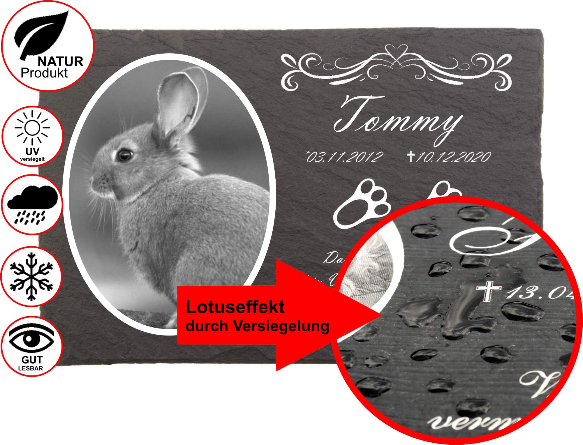 Tiergrabstein Kaninchen mit Foto, Gedenksteine für Kaninchen mit Pfoten mit personalisierter Gravur, Kaninchen Gedenksteine aus Naturschiefer 20x30 cm