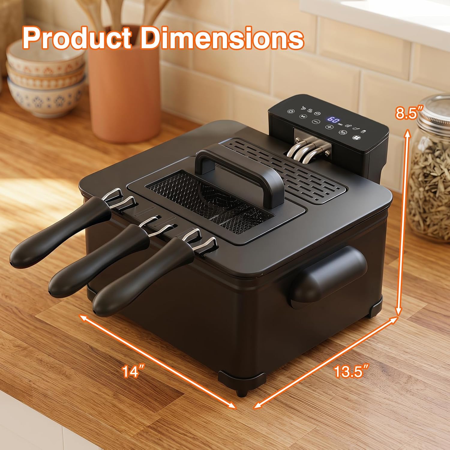 DORTALA Electric Deep Fryer, 5L Deep Fryer with 3 Basket Strainer & Lid, Adjustable Temperature, Timer, for Fried Chicken, Shrimp, French Fries, Removable Oil-Container, Stainless Steel (Black)