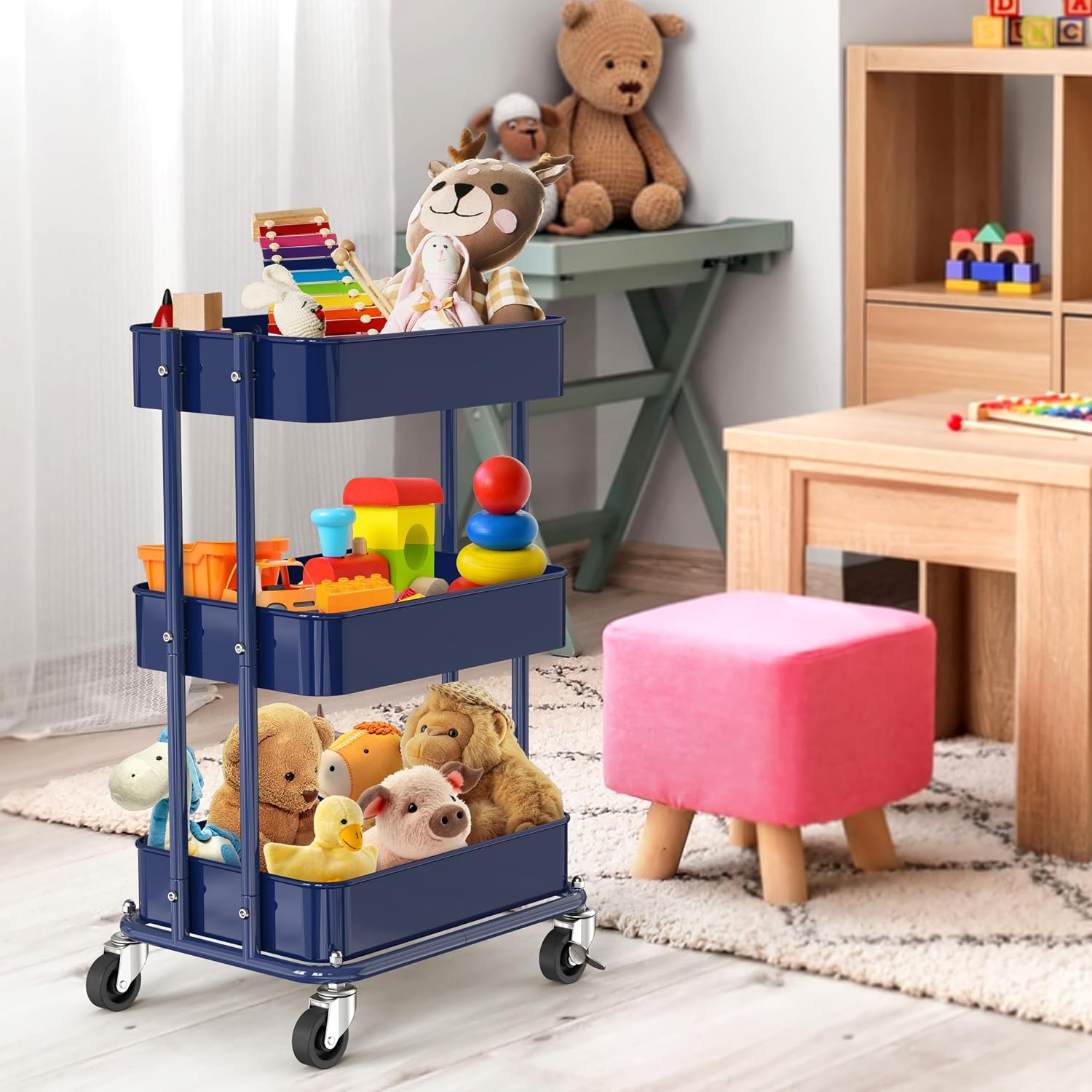 Simple Houseware 3-Tier Utility Cart, Low 24" Height Fits Under Desk, Navy image 5